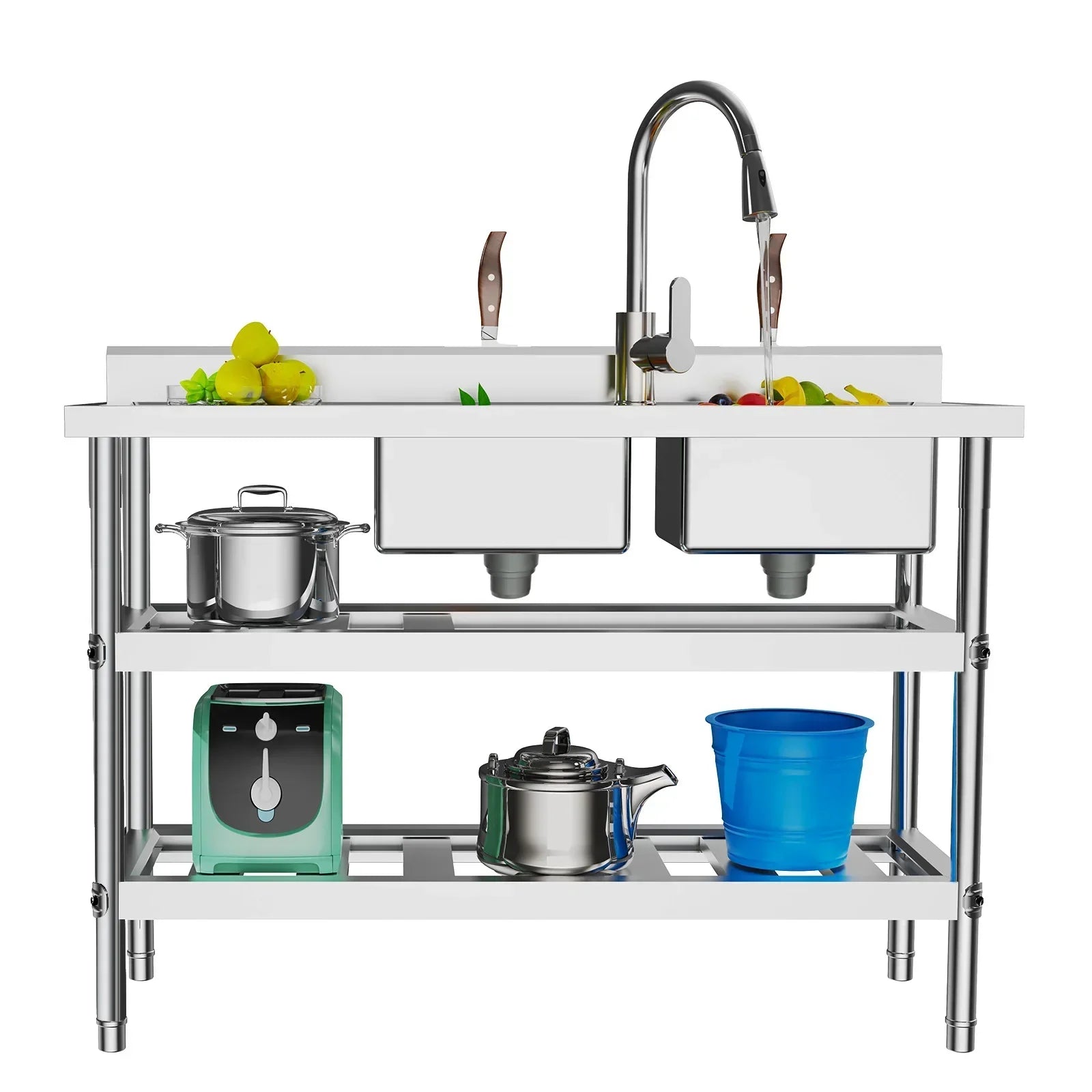 201 Stainless Steel Utility  Kitchen Sink, Free Standing Double Bowl  with Faucet