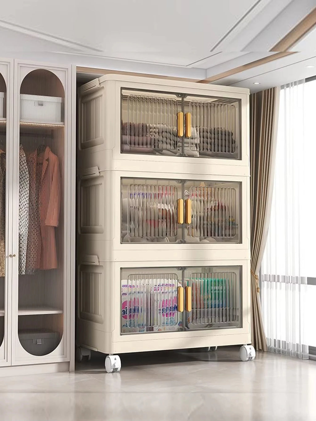 Extra-large 3/4/5-layer foldable plastic storage cabinet with doors, with wheels, stackable
