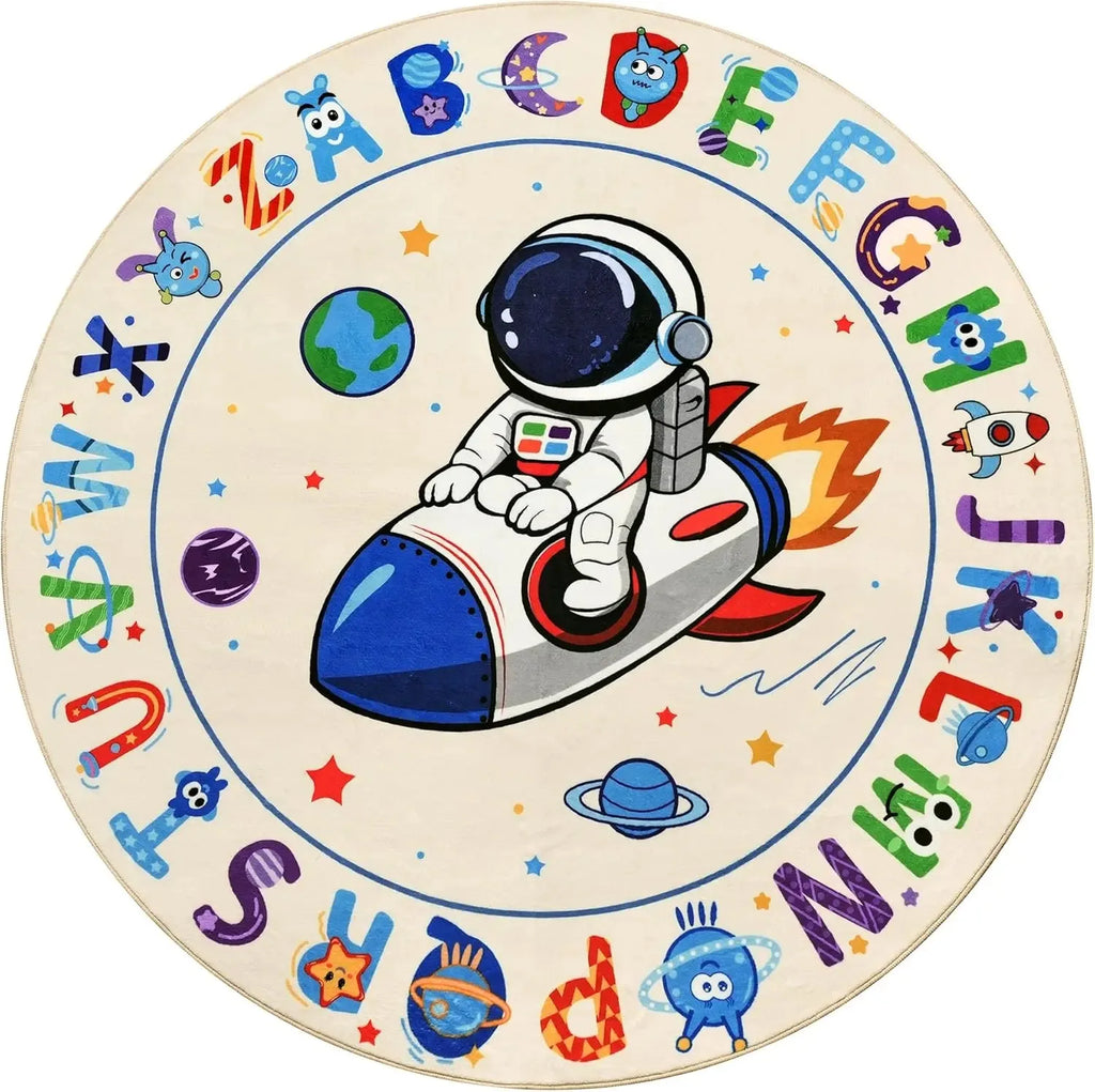 ABC Kids Alphabet Round Rug Washable Soft Nursery Rug,Non-Slip Educational Carpet with Space Astronaut Design for Classroom