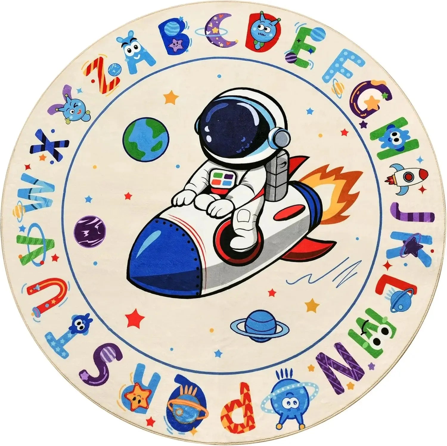 ABC Kids Alphabet Round Rug Washable Soft Nursery Rug,Non-Slip Educational Carpet with Space Astronaut Design for Classroom