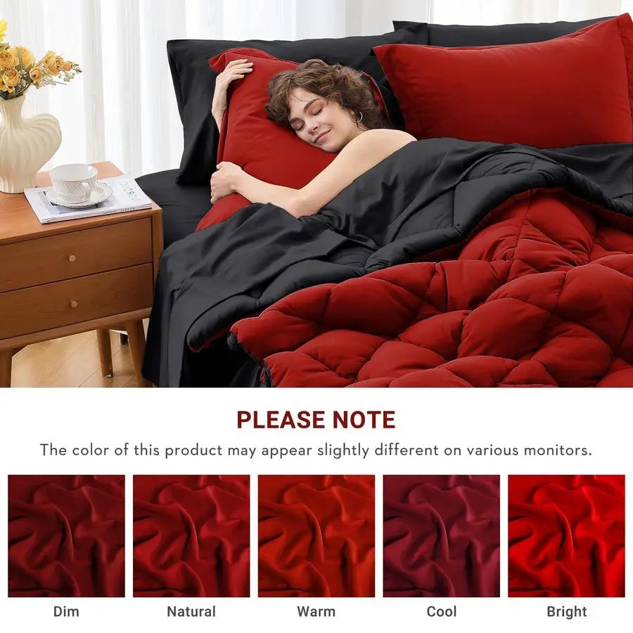 7 Pieces Queen Comforter Set, Reversible Bed in a Bag Queen Size, Set with Comforter, Flat Sheet,