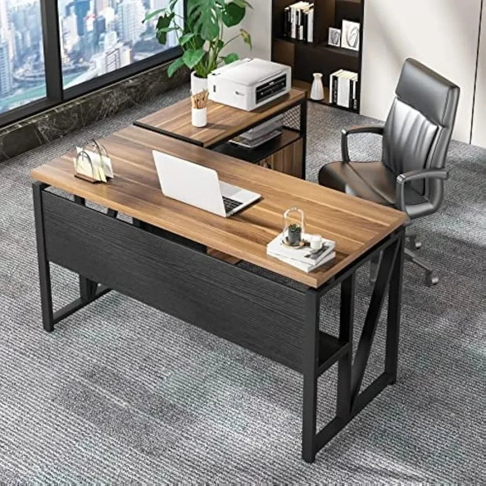 Desk with Drawer, 55" Long Computer Desk with Storage Rack Cabinet, Home Office Furniture Set Executive Desk