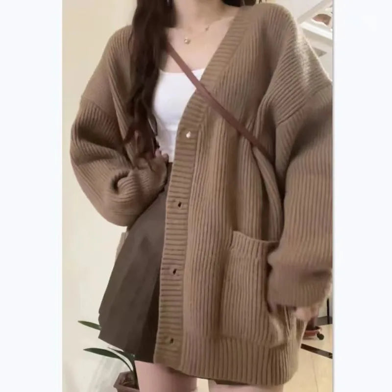 Female Long Sleeve V-neck Loose Knitted  Casual Sweater