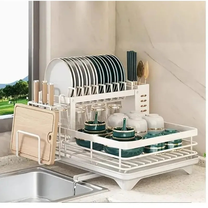 Double-Tier Extendable Dish, Utensil Rack & Draining Board for Kitchen Worktops