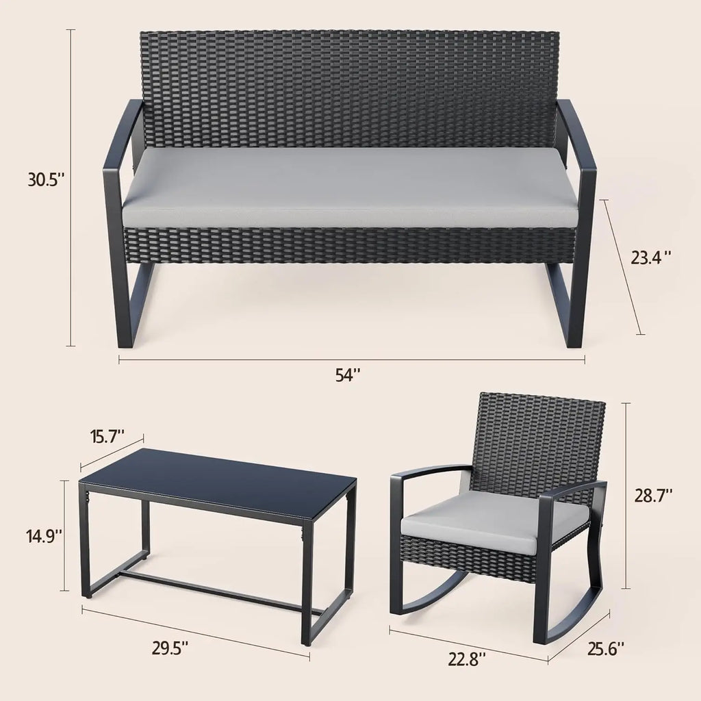 4 Piece Outdoor Patio Wicker Sofa Set Glass Coffee Table Rocking Chairs Backyard Poolside Porch, Customized