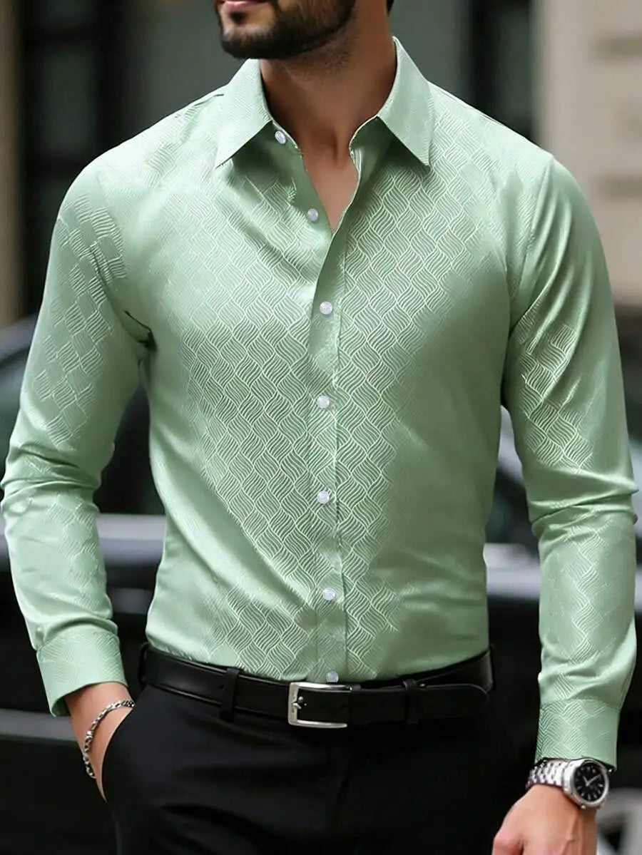 Men's Slim Fit Long Sleeve Button Down Dress Shirt with Geometric Pattern, Black, Fall