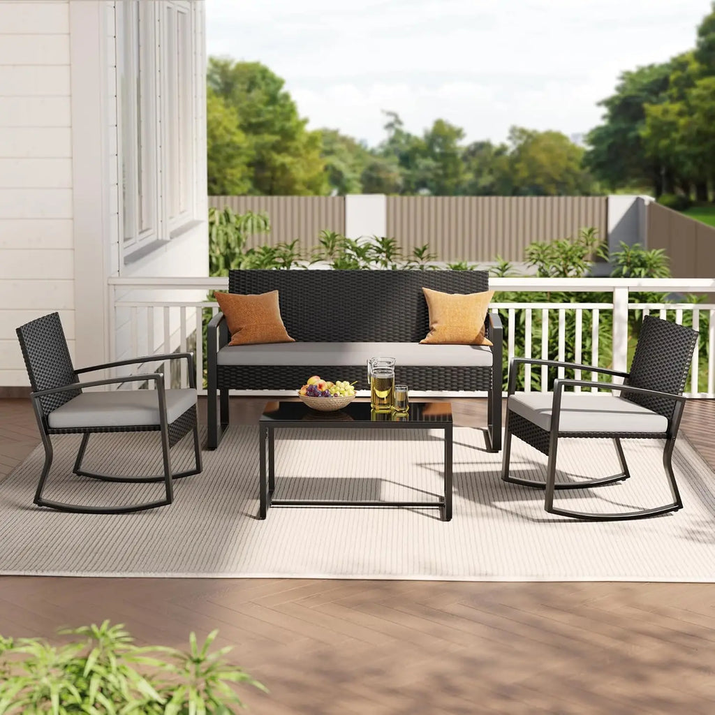 4 Piece Outdoor Patio Wicker Sofa Set Glass Coffee Table Rocking Chairs Backyard Poolside Porch, Customized