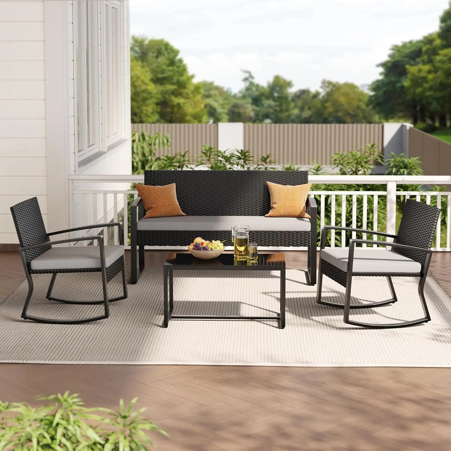 4 Piece Outdoor Patio Wicker Sofa Set Glass Coffee Table Rocking Chairs Backyard Poolside Porch, Customized
