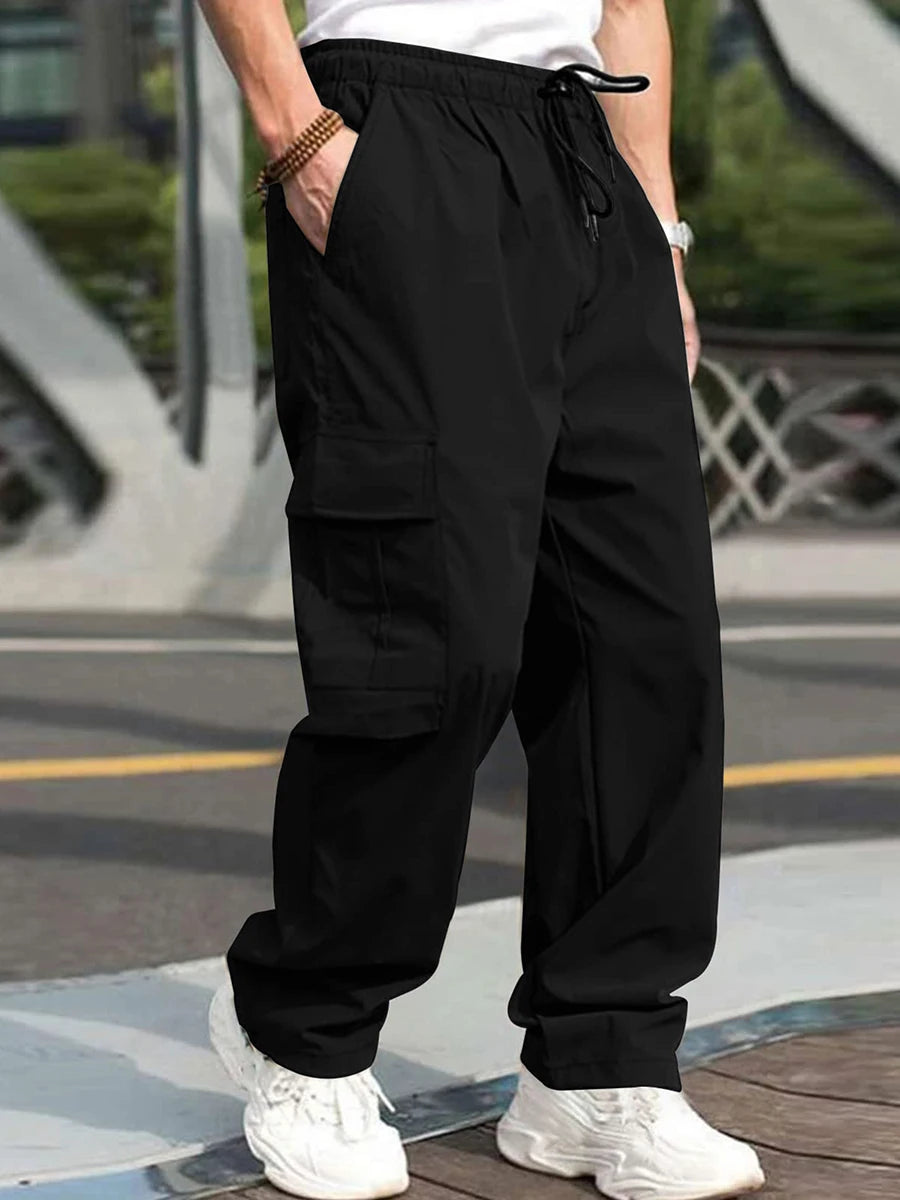 Men s Loose Cargo Long Pants Drawstring Waist Straight Leg Trousers  with Pockets