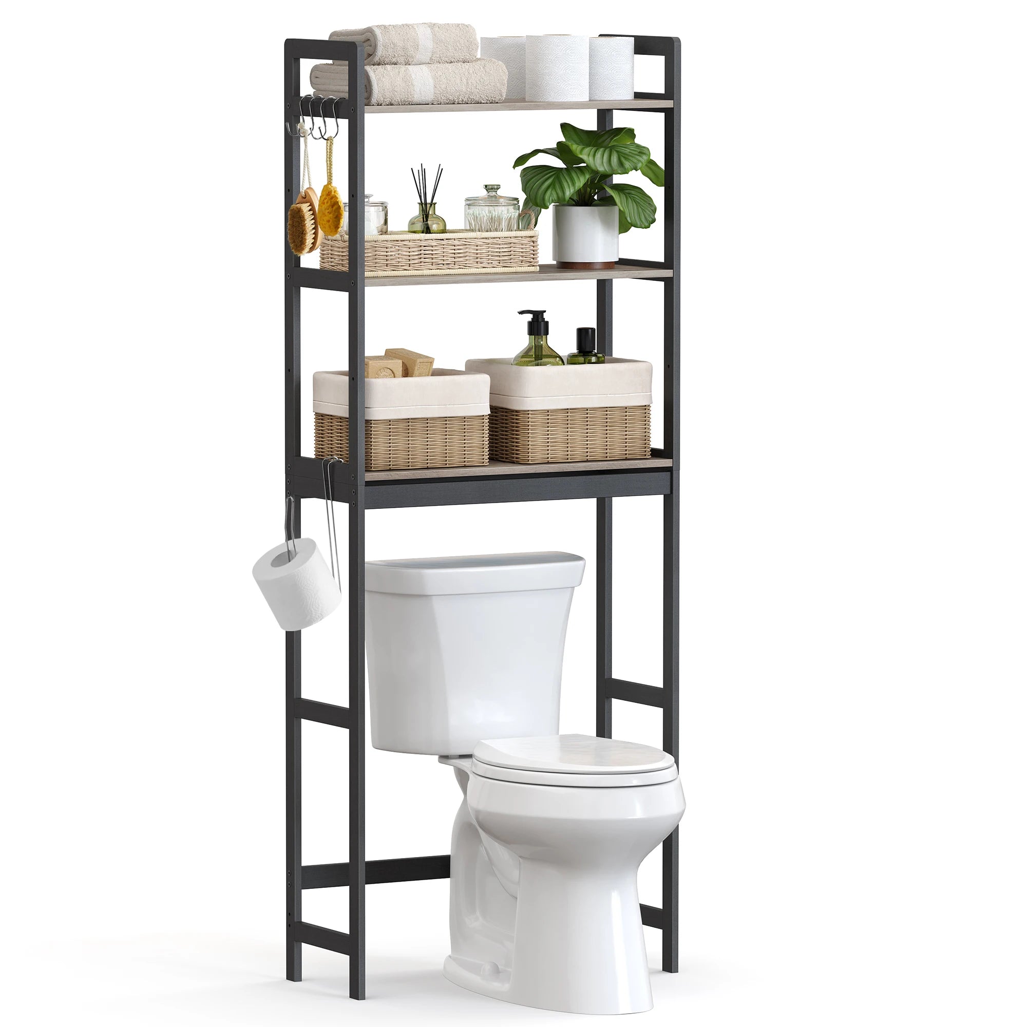 Over-The-Toilet Storage, 3-Tier Bathroom Organizer Adjustable Shelves, Hooks, Bamboo