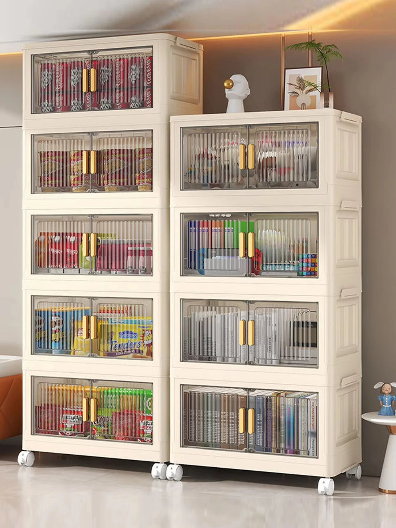 Extra-large 3/4/5-layer foldable plastic storage cabinet with doors, with wheels, stackable