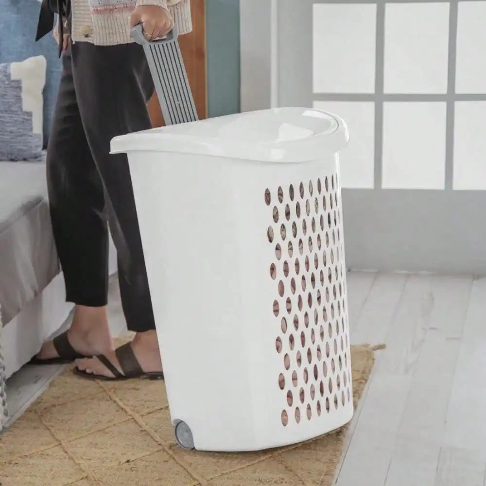 Plastic wheel laundry basket, flip design with wheels for storage  and transport clothes