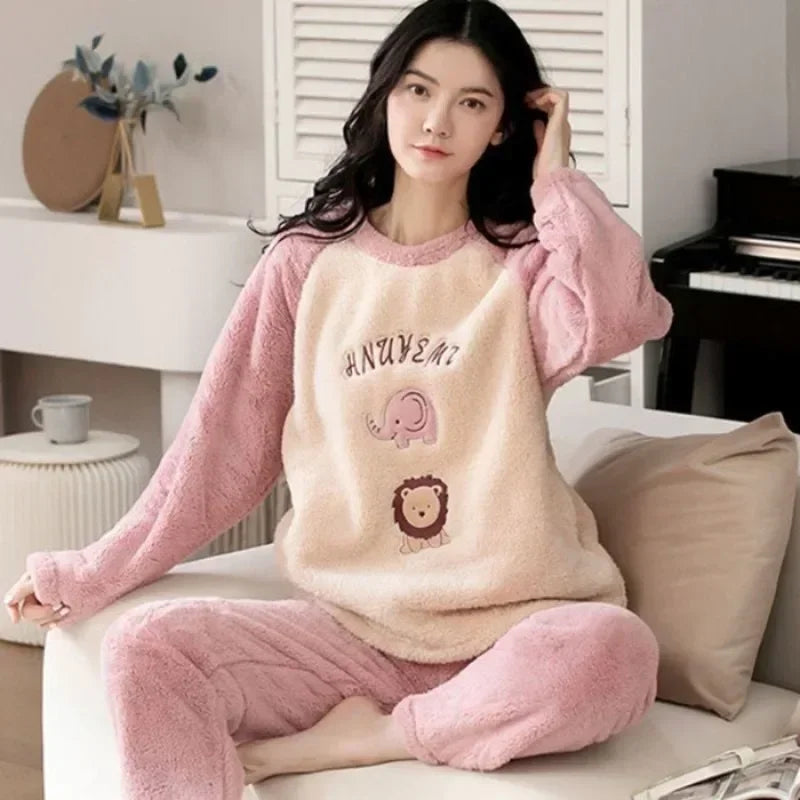 Warm Sleepwear for Winter thickened  Long Sleeve Ladies Loungewear Set pajamas