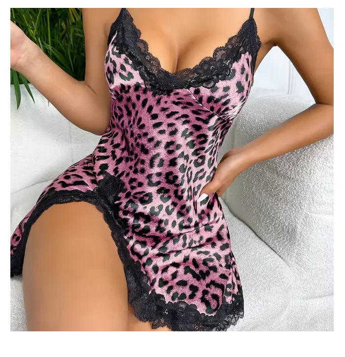Lace Trim Leopard Nightdress V Neck Backless  Sleepwear Dresses