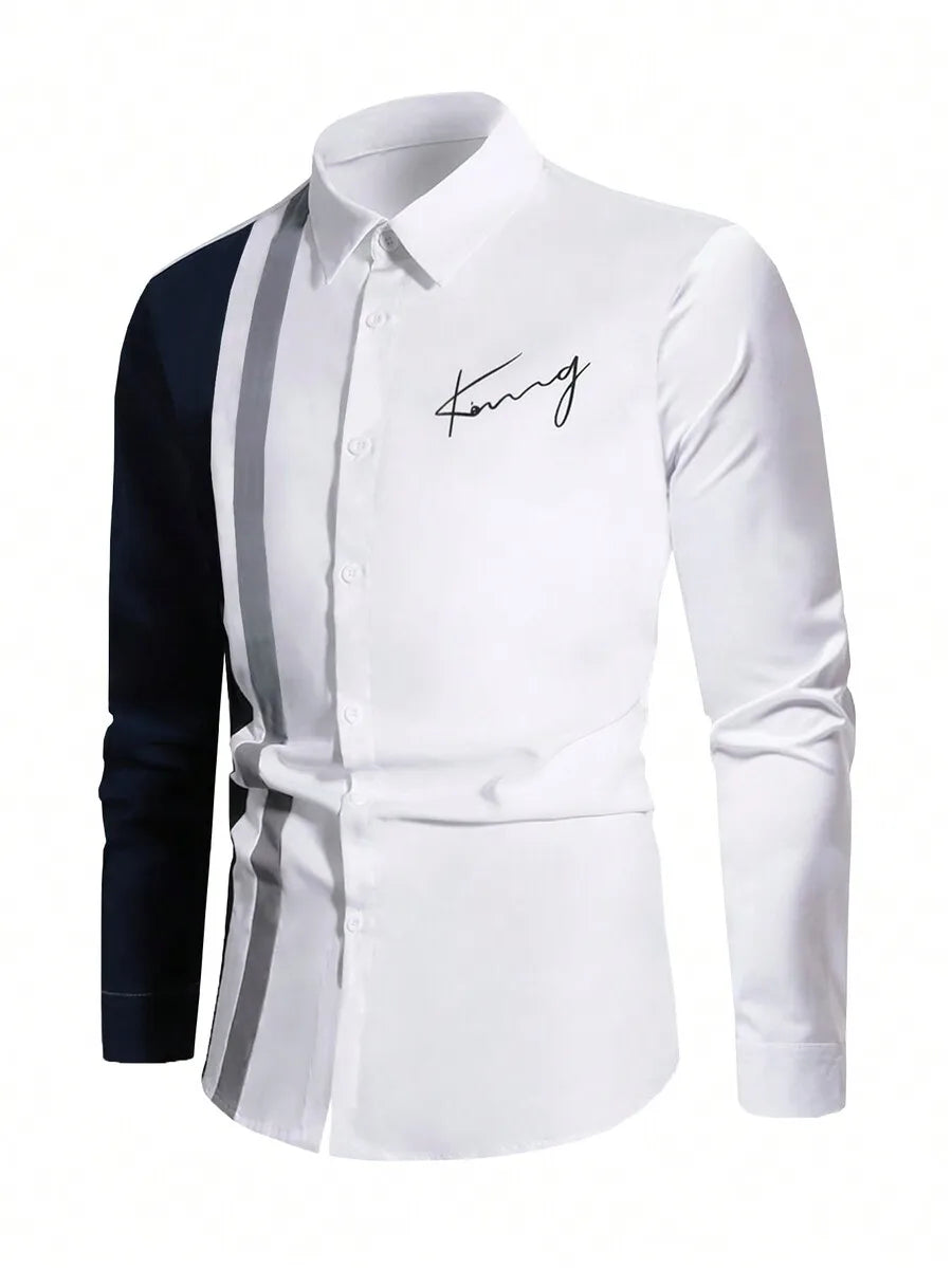 Men's Casual Color Block Button-Down Long Sleeve Shirt with Script Print,