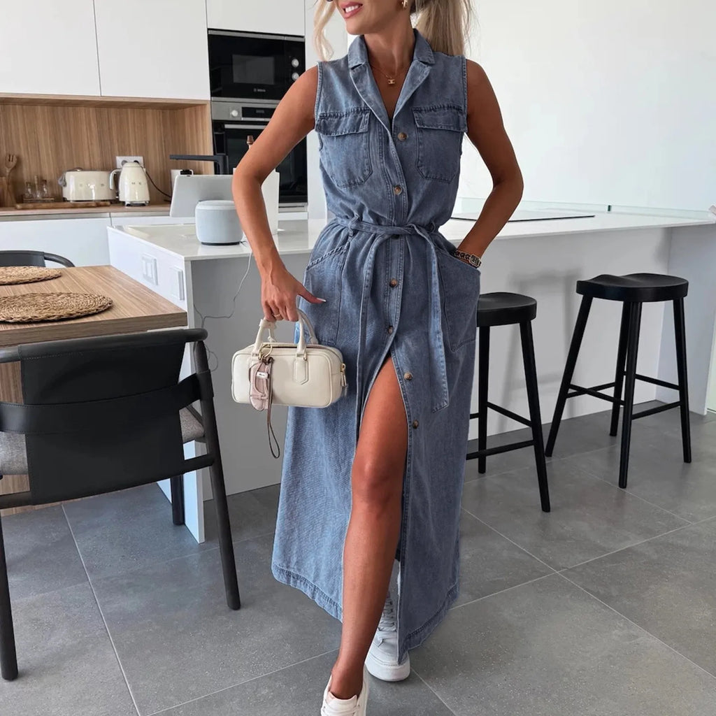 Ladies' Casual Fashionable Sleeveless Waist Cinched Single Breasted Denim  Elegant Women's Dresses
