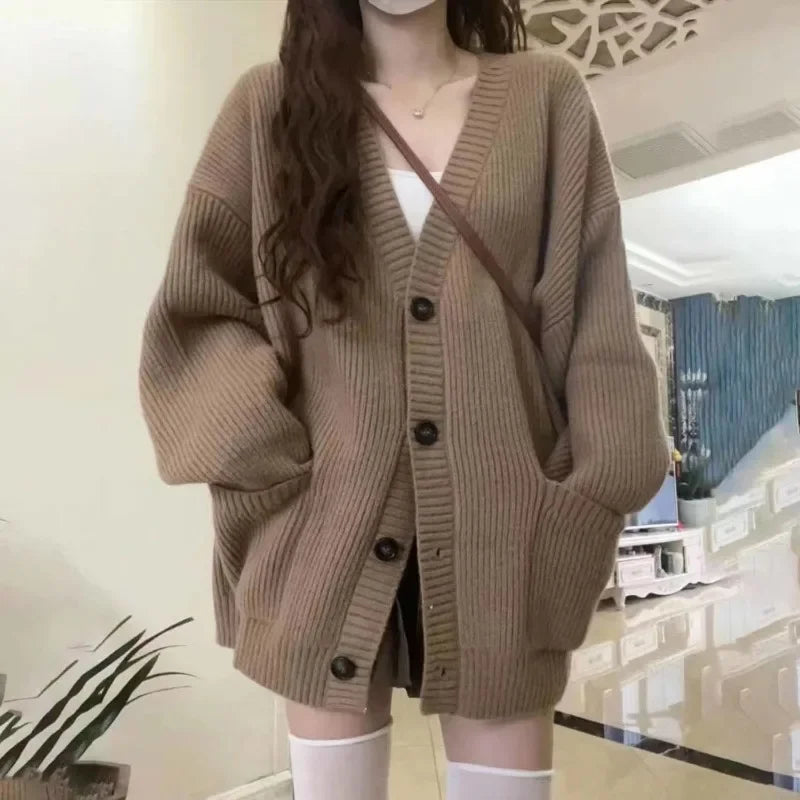 Female Long Sleeve V-neck Loose Knitted  Casual Sweater