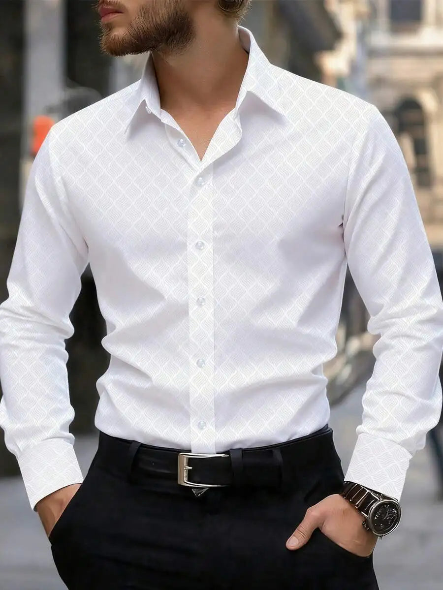 Men's Slim Fit Long Sleeve Button Down Dress Shirt with Geometric Pattern, Black, Fall
