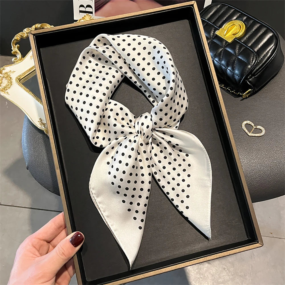 Luxury Polka Dot Print Square Scarf for Women Satin Wraps Neckerchief Female Hair Bands Ribbon Headband