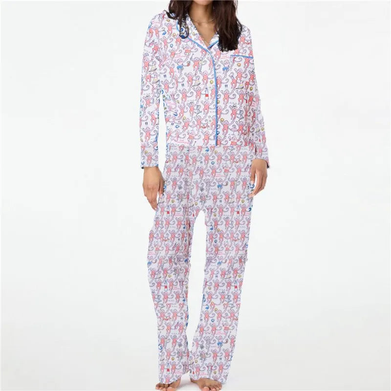 Pajamas Preppy  Cute Pants Sets For Women Y2k Long Sleeve Pajamas Set 2 Piece Loungewear