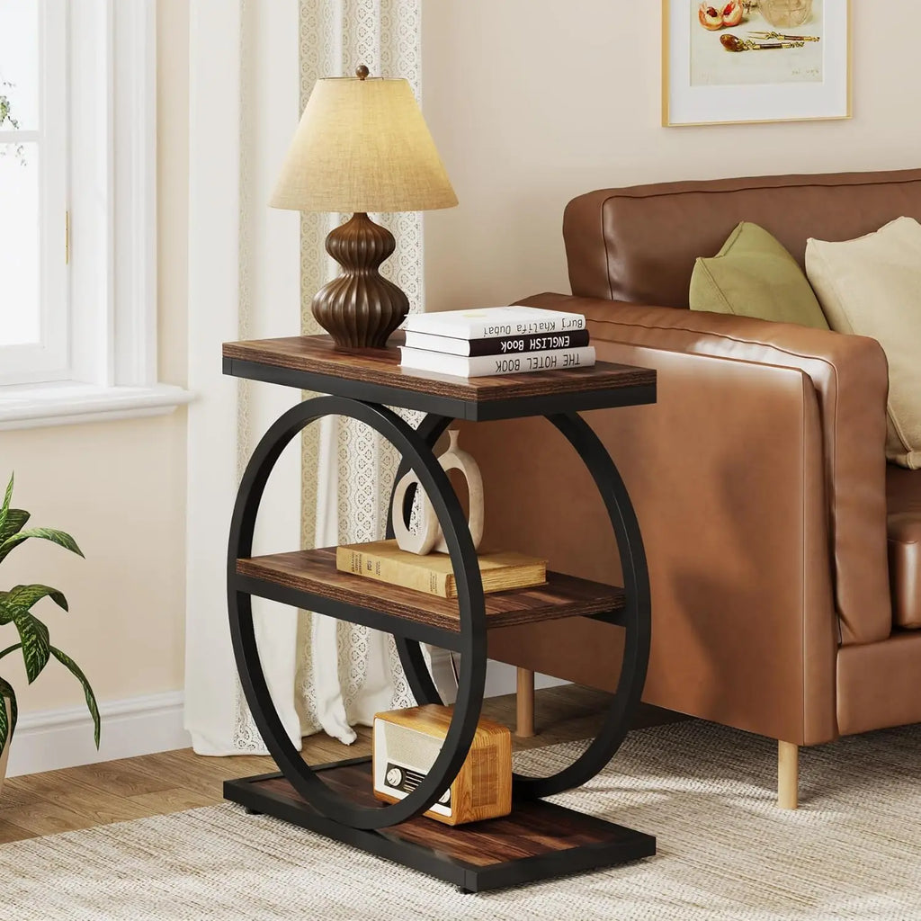 End Table with 3 Storage Shelves and Black Metal Frames for Living Room, and Bedside Table for Bedroom
