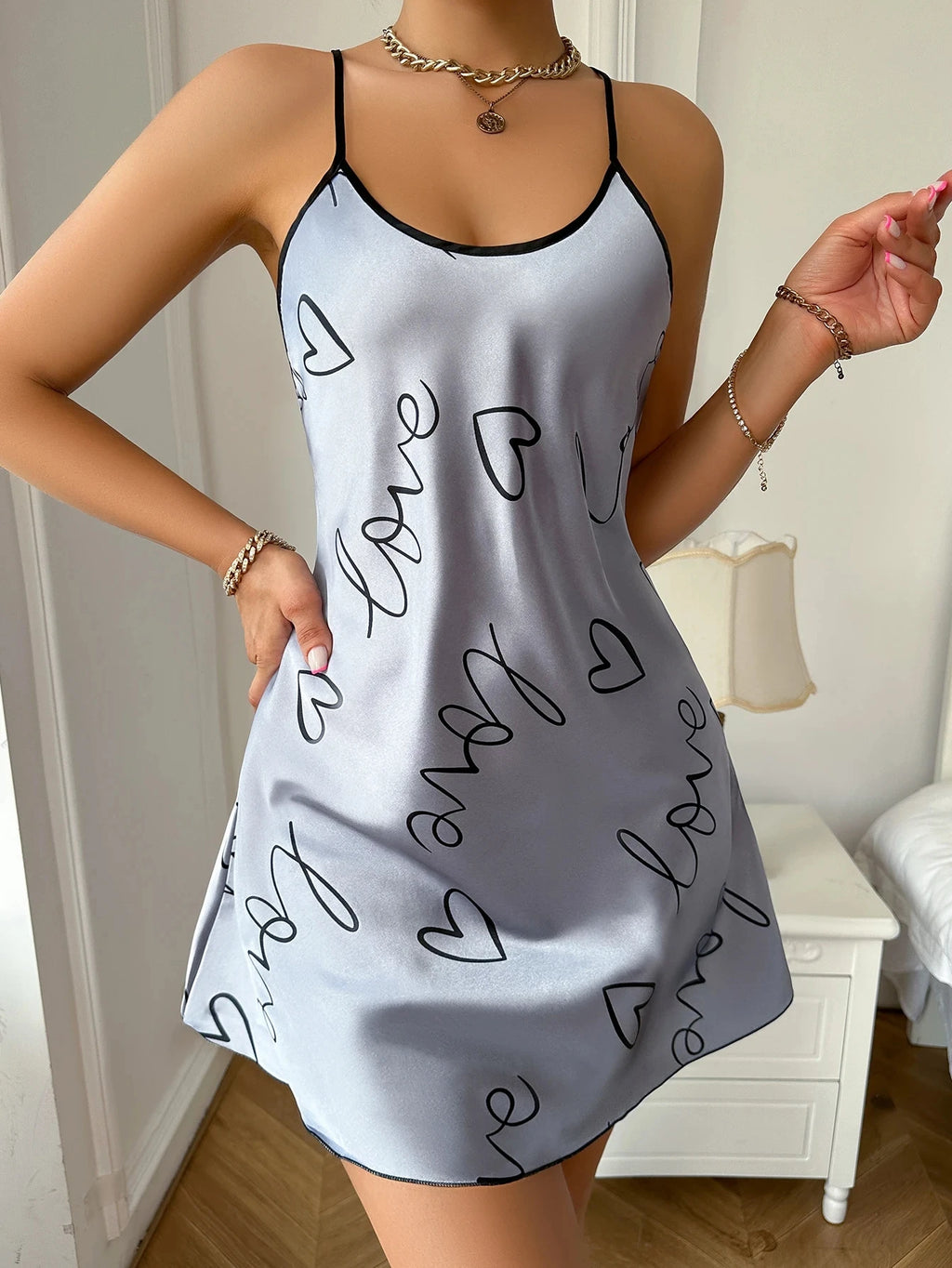 Heart Letter Print Nightdress Casual Strap Sleep Dress Women's Sleepwear