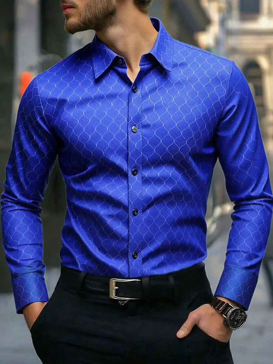 Men's Slim Fit Long Sleeve Button Down Dress Shirt with Geometric Pattern, Black, Fall