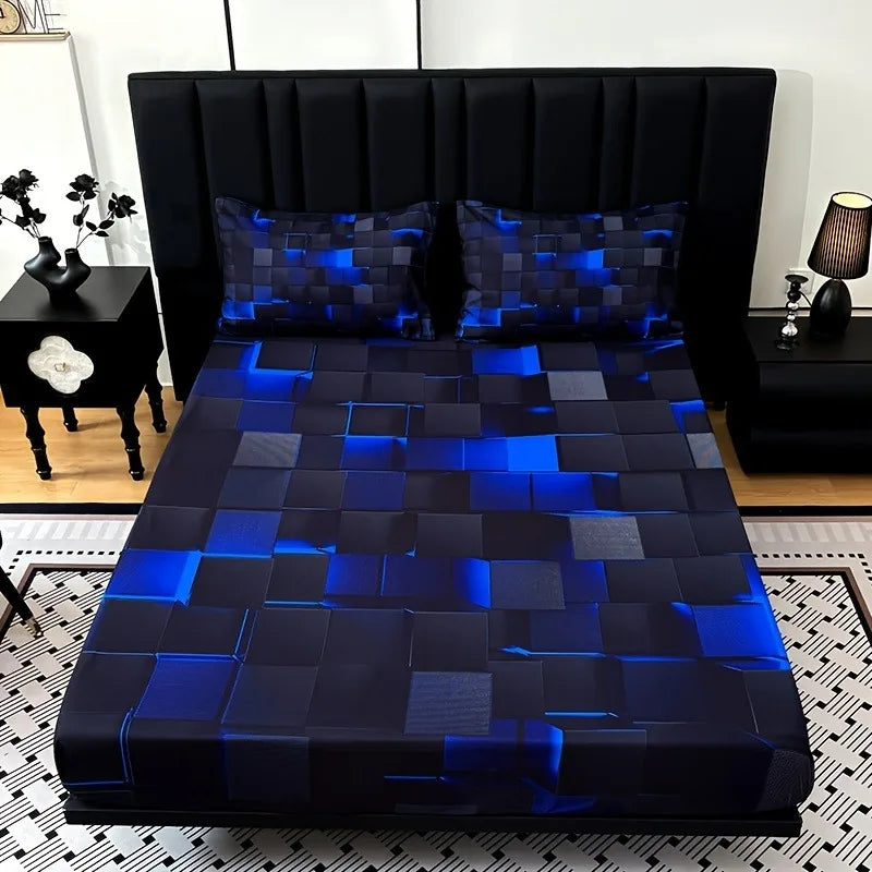 3pcs Cool Technology Digital Printing Material Plaid Fitted Sheet(1pc Bed Sheet+2pcs Pillowcase No Filling)