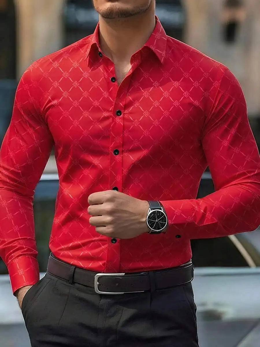 Men's Slim Fit Long Sleeve Button Down Dress Shirt with Geometric Pattern, Black, Fall