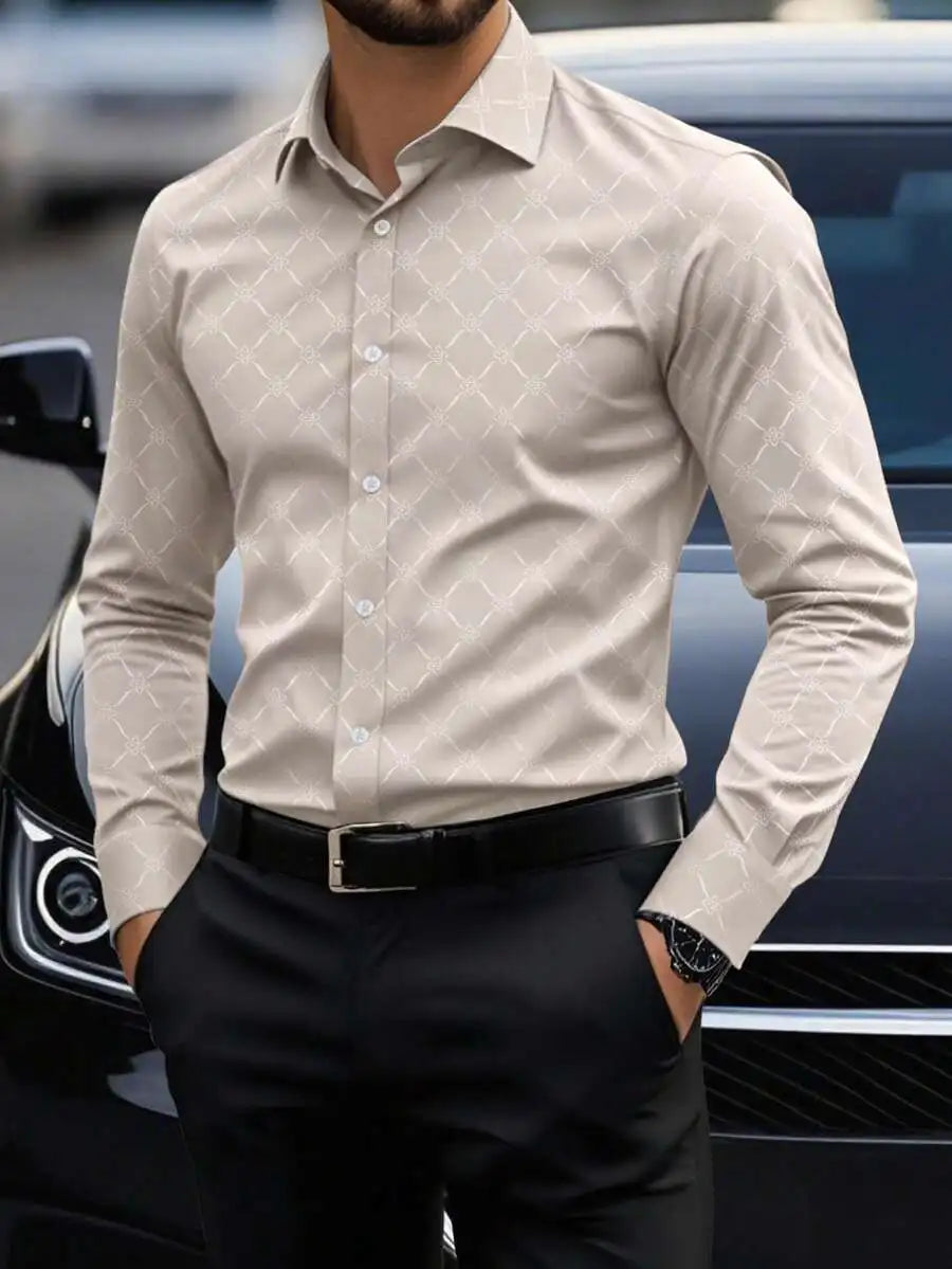 Men's Slim Fit Long Sleeve Button Down Dress Shirt with Geometric Pattern, Black, Fall
