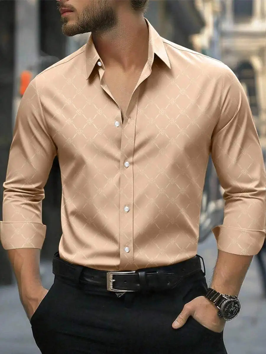 Men's Slim Fit Long Sleeve Button Down Dress Shirt with Geometric Pattern, Black, Fall