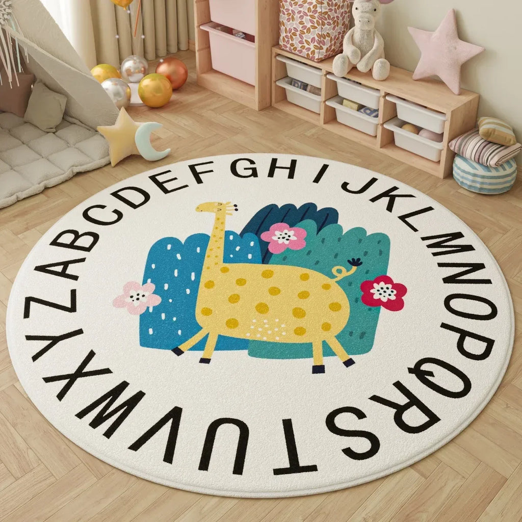 Green Polka Dot Cat Alphabet Round Rug Educational Non Slip Floor Mat for Toddler Learning and Play