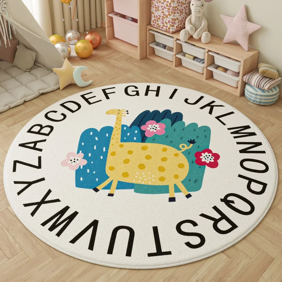 Green Polka Dot Cat Alphabet Round Rug Educational Non Slip Floor Mat for Toddler Learning and Play