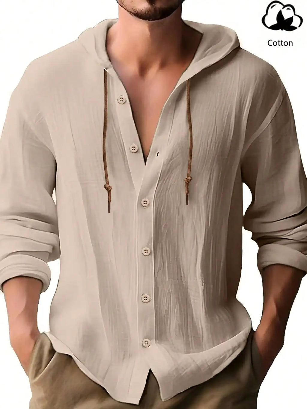 Men's Cotton Hooded Button-Up Shirt Long Sleeve Casual Lightweight Breathable Top