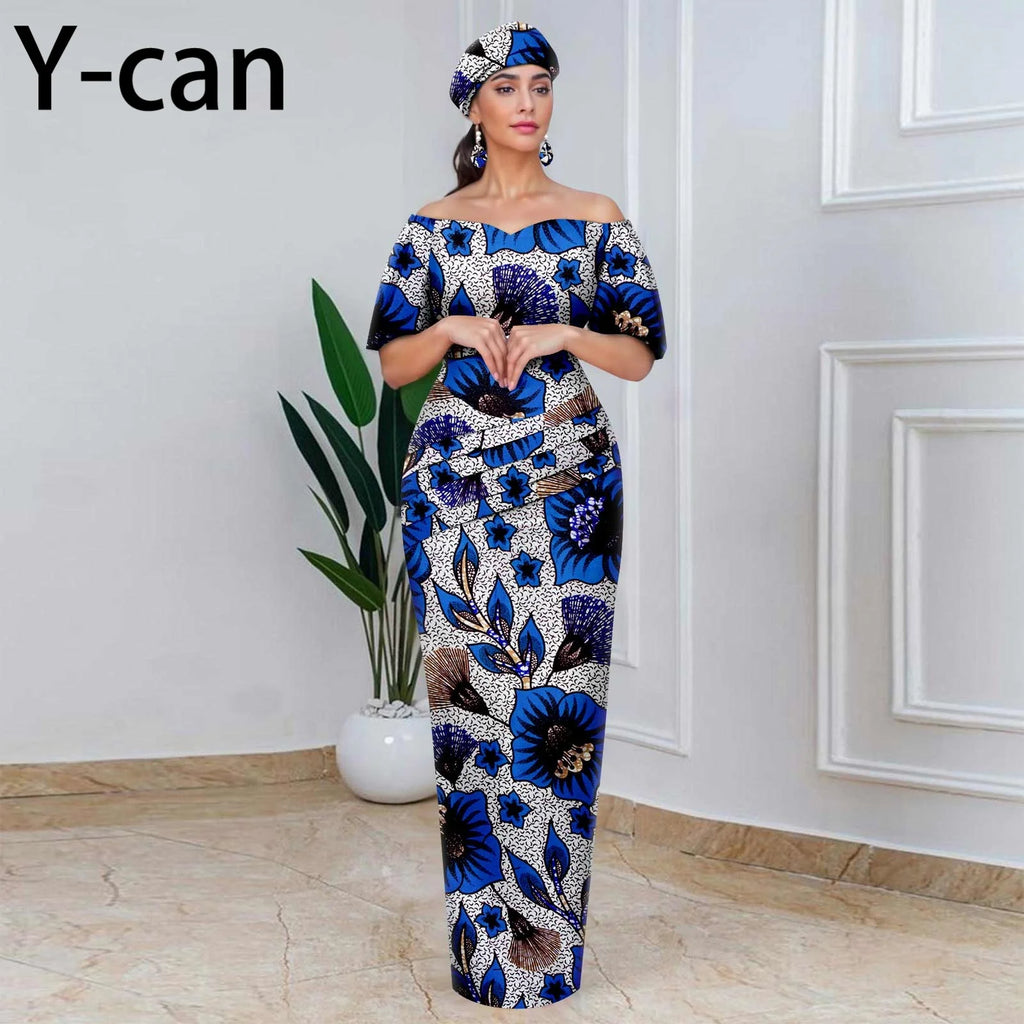 African Party Dresses for Women Off Shoulder Folds Women Maxi Dress with Headscarf and Earrings Traditional Wedding