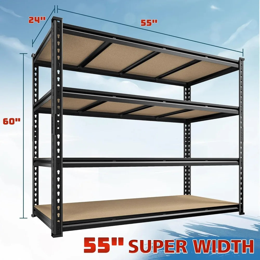 55" W Storage Shelves, 2040LBS Garage Shelving Heavy Duty, 4-Tier Storage Shelving, Adjustable Metal Shelving Unit