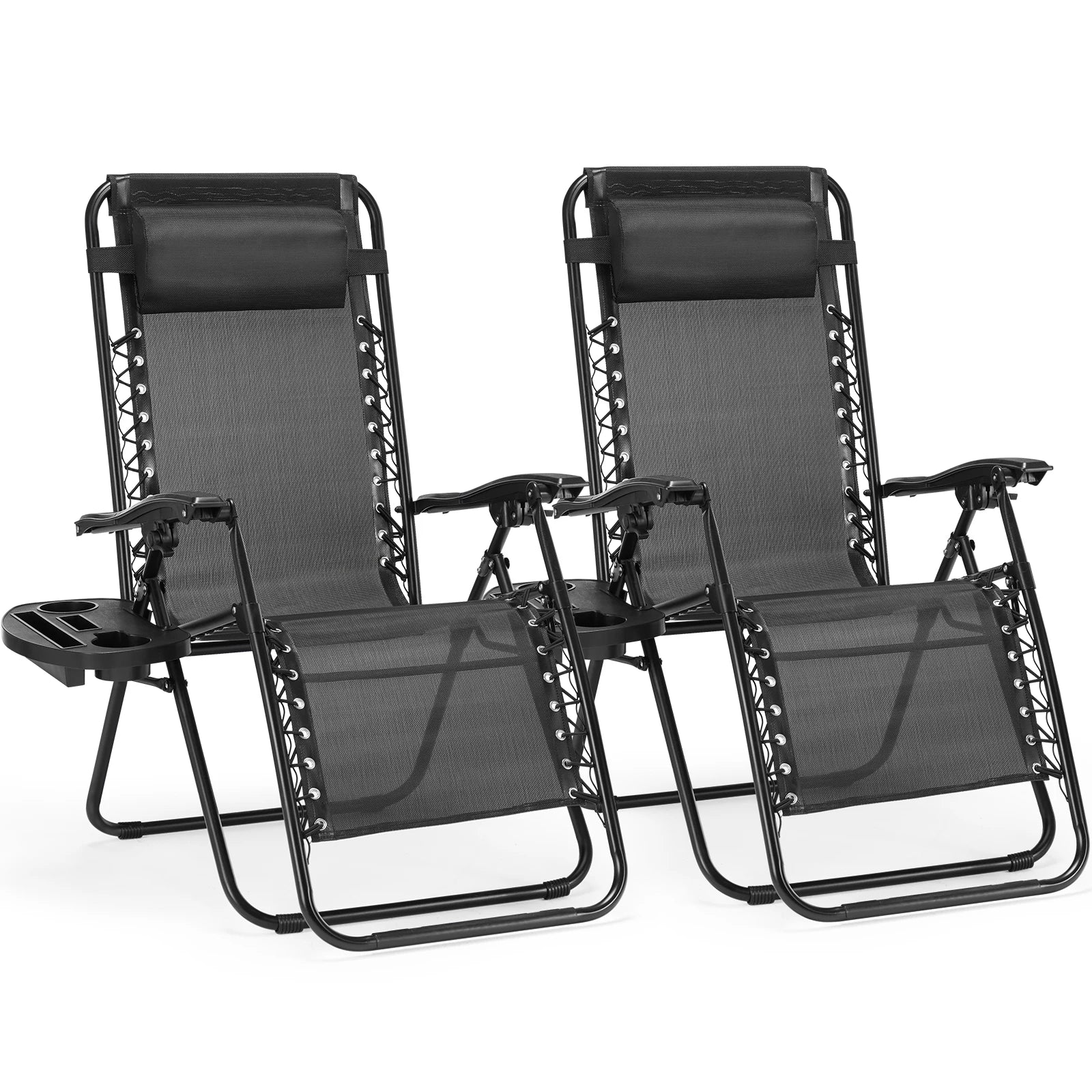 2 Portable Recliner Camping Patio Outdoor Lounge Chair with Cup Holder Trays