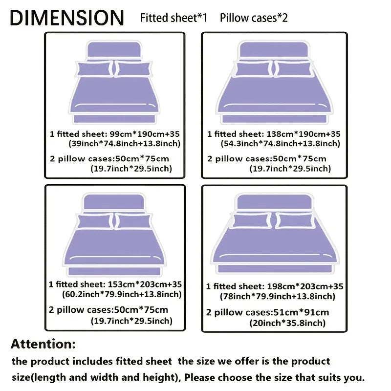3pcs Cool Technology Digital Printing Material Plaid Fitted Sheet(1pc Bed Sheet+2pcs Pillowcase No Filling)