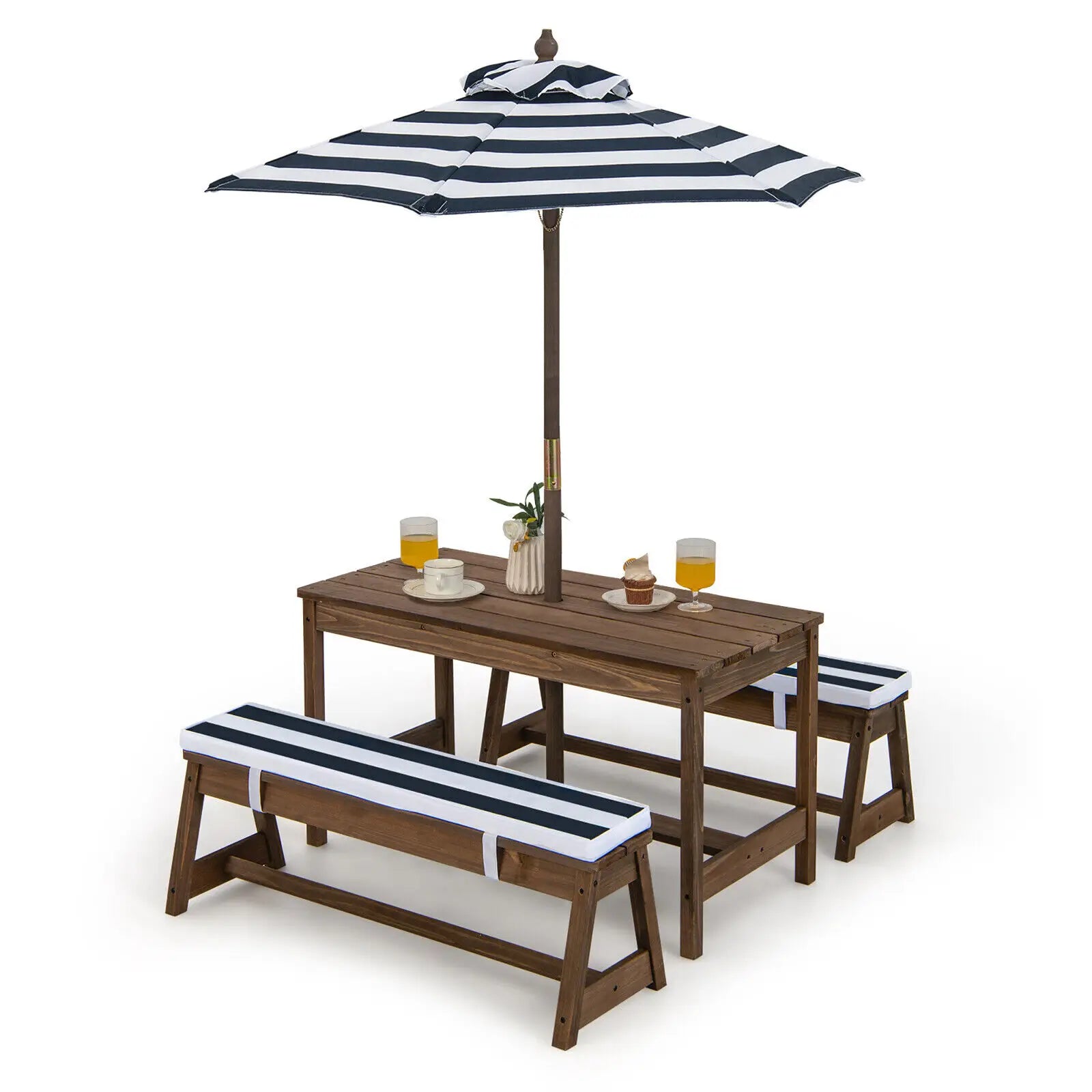 Kids Wood Picnic Table and Bench Set w/Cushions Umbrella for Indoor Outdoor