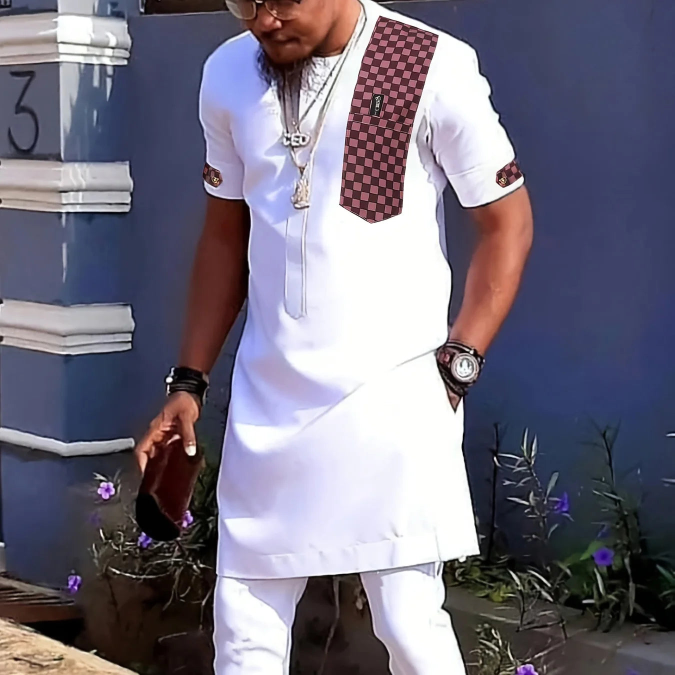 New 2Pc African Traditional O-Neck  Costume For Men Luxury Brand Clothing Full Pant Sets