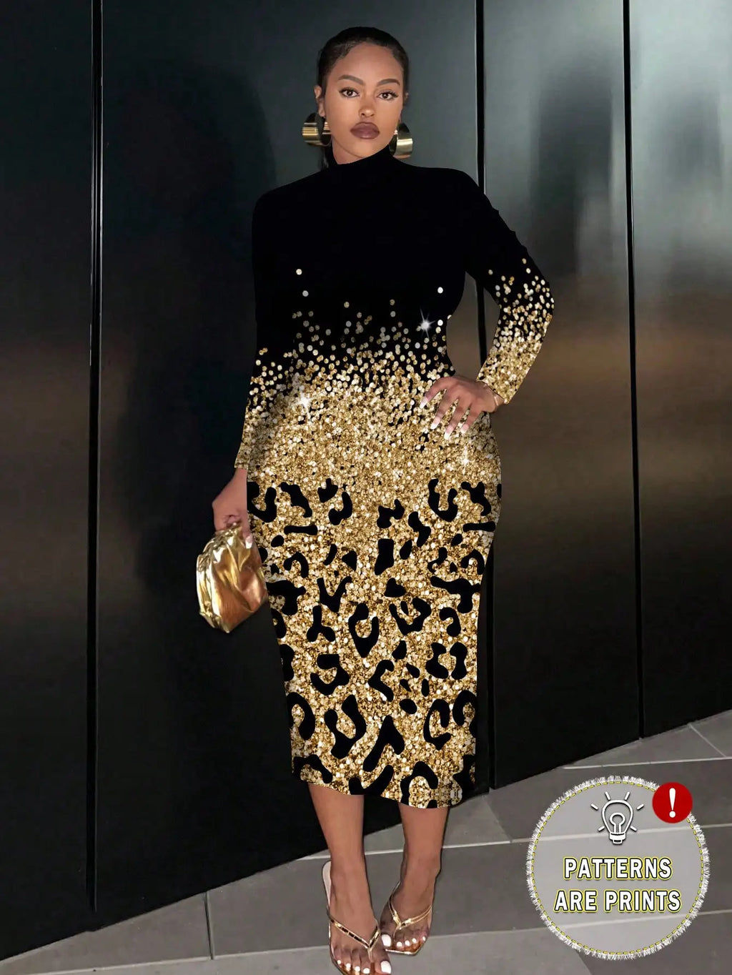 Plus Size Gold Black Leopard Print Sequin Long Sleeve Bodycon Midi Dress for Parties