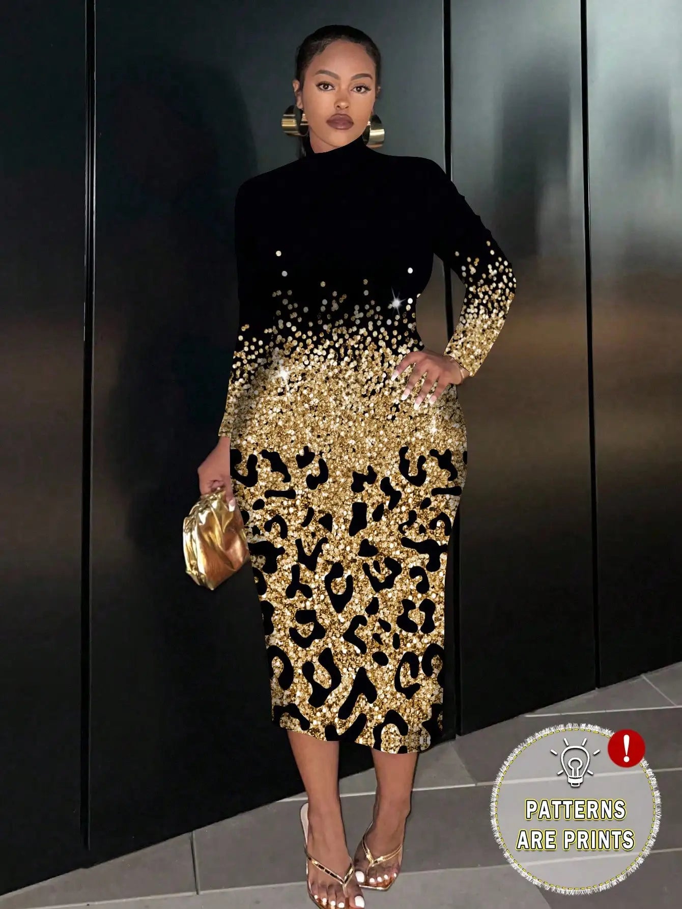 Plus Size Gold Black Leopard Print Sequin Long Sleeve Bodycon Midi Dress for Parties