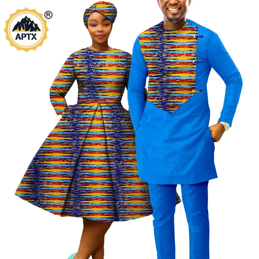 African Print Dresses for Women with Head wrap Matching Couple Outfits Men Patchwork Shirt and Pants Sets
