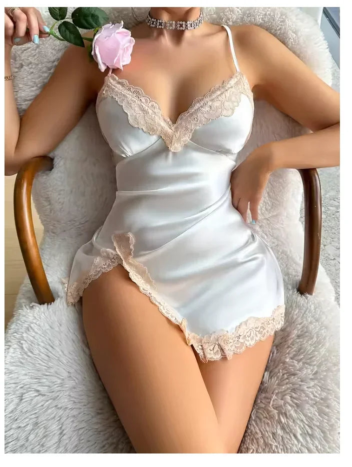 Lace Trim Leopard Nightdress V Neck Backless  Sleepwear Dresses