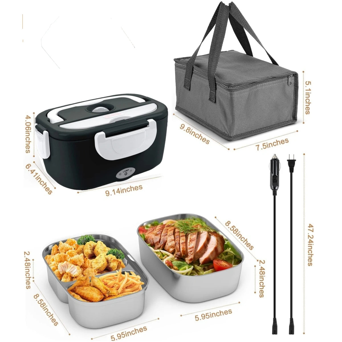 Electric Lunch Box for Adults-60W Fast Heated Lunch Box for with Dual 1.5LStainless Steel Containers