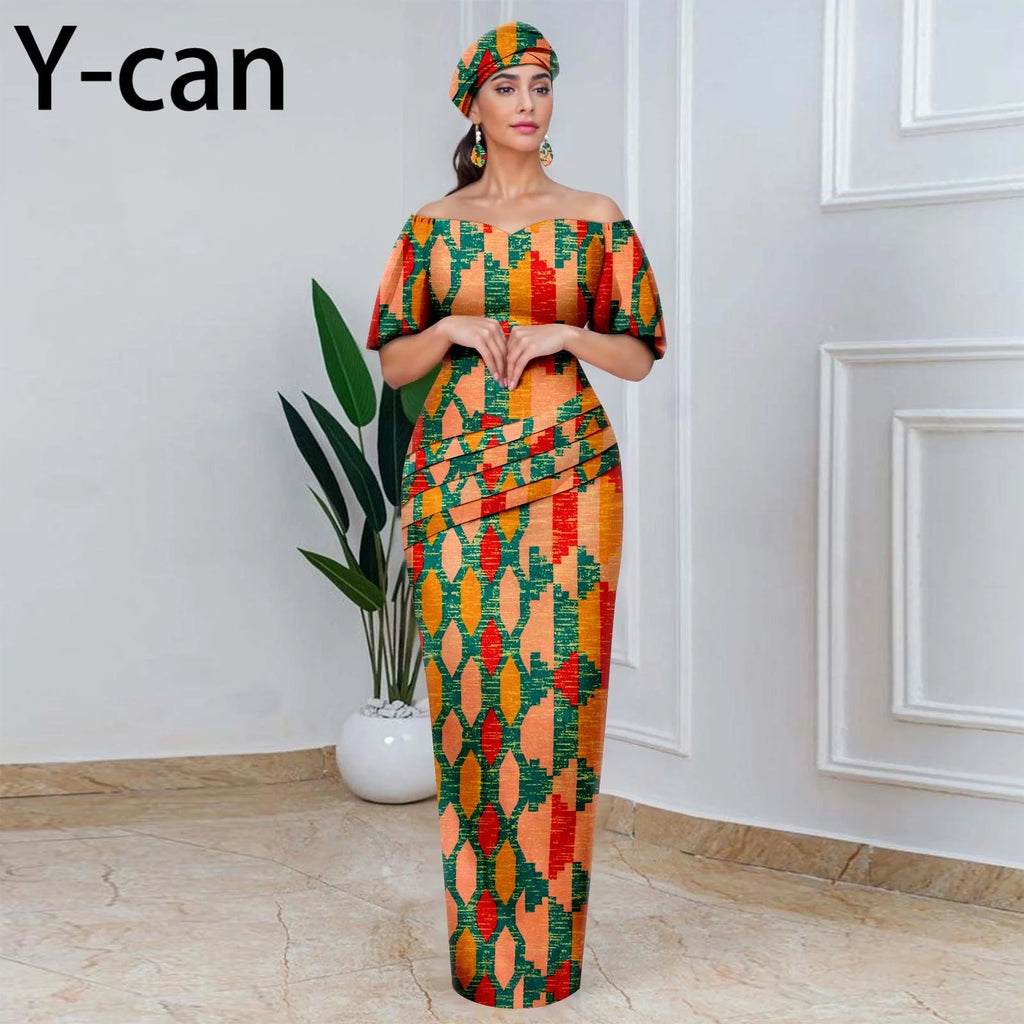 African Party Dresses for Women Off Shoulder Folds Women Maxi Dress with Headscarf and Earrings Traditional Wedding