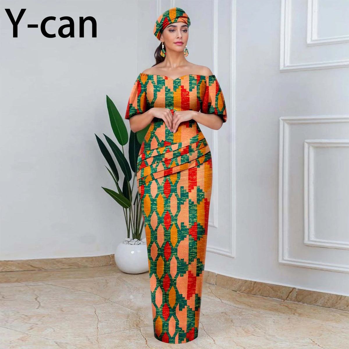 African Party Dresses for Women Off Shoulder Folds Women Maxi Dress with Headscarf and Earrings Traditional Wedding