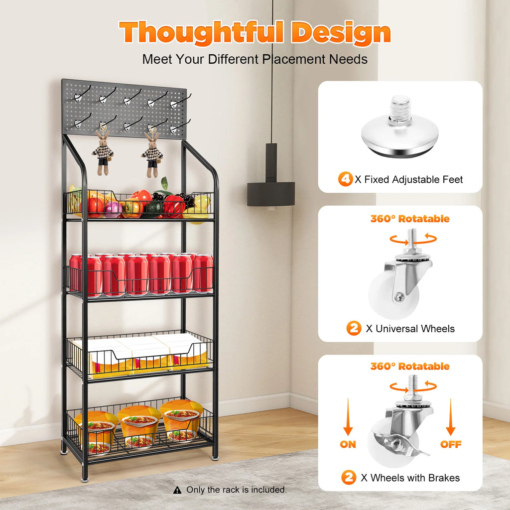 4 Tier Retail  Rack with Wheel Display Basket Stand Cart Metal Basket Storage Shelf