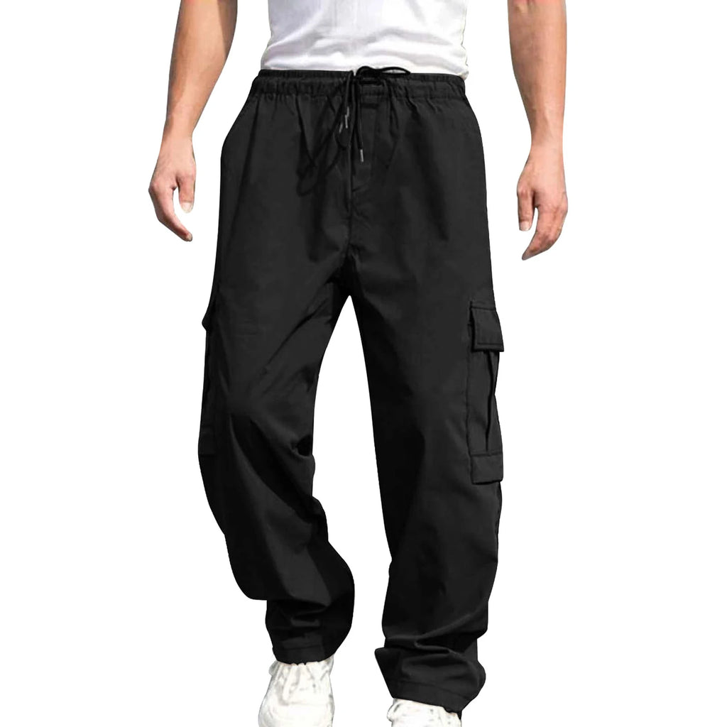 Men s Loose Cargo Long Pants Drawstring Waist Straight Leg Trousers  with Pockets