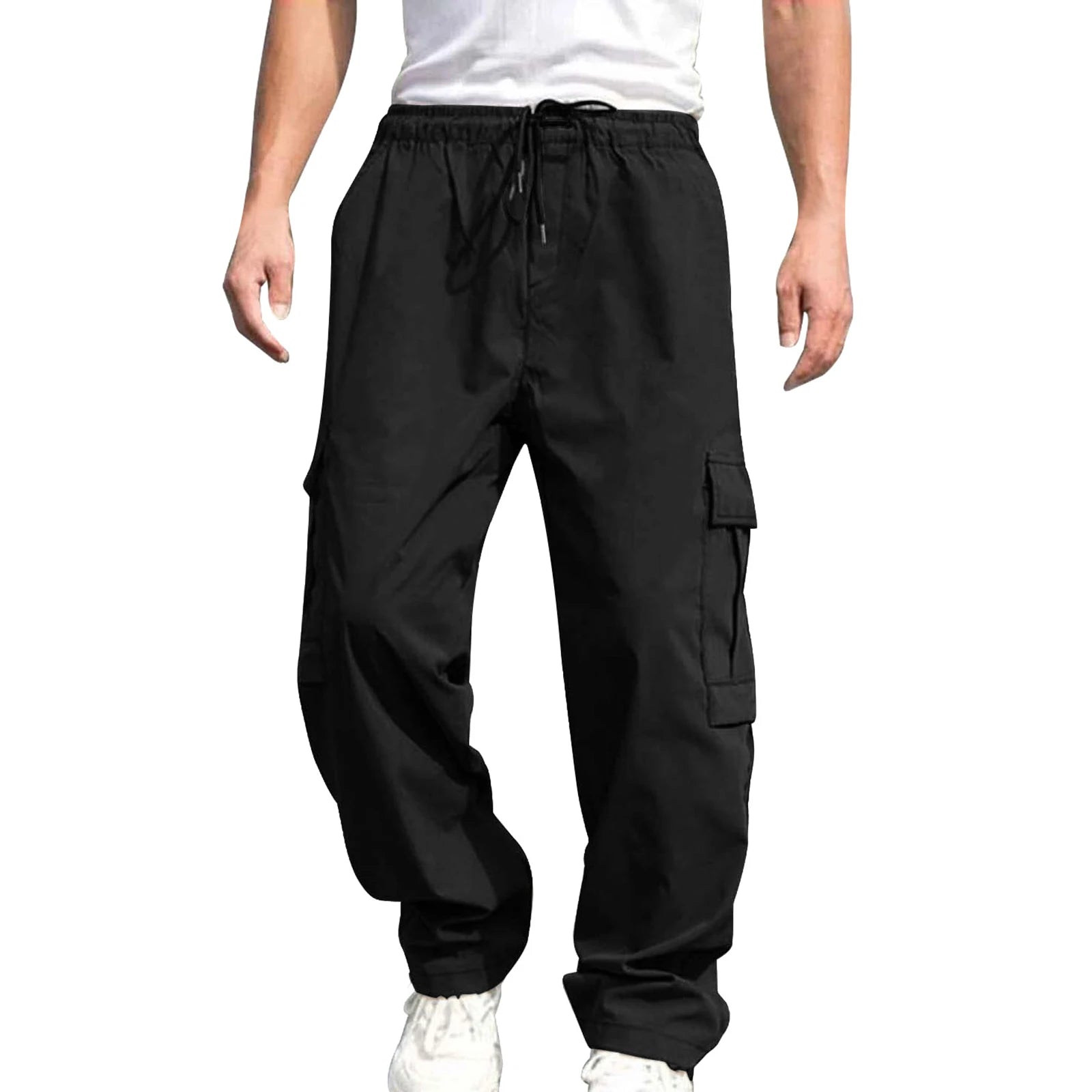 Men s Loose Cargo Long Pants Drawstring Waist Straight Leg Trousers  with Pockets
